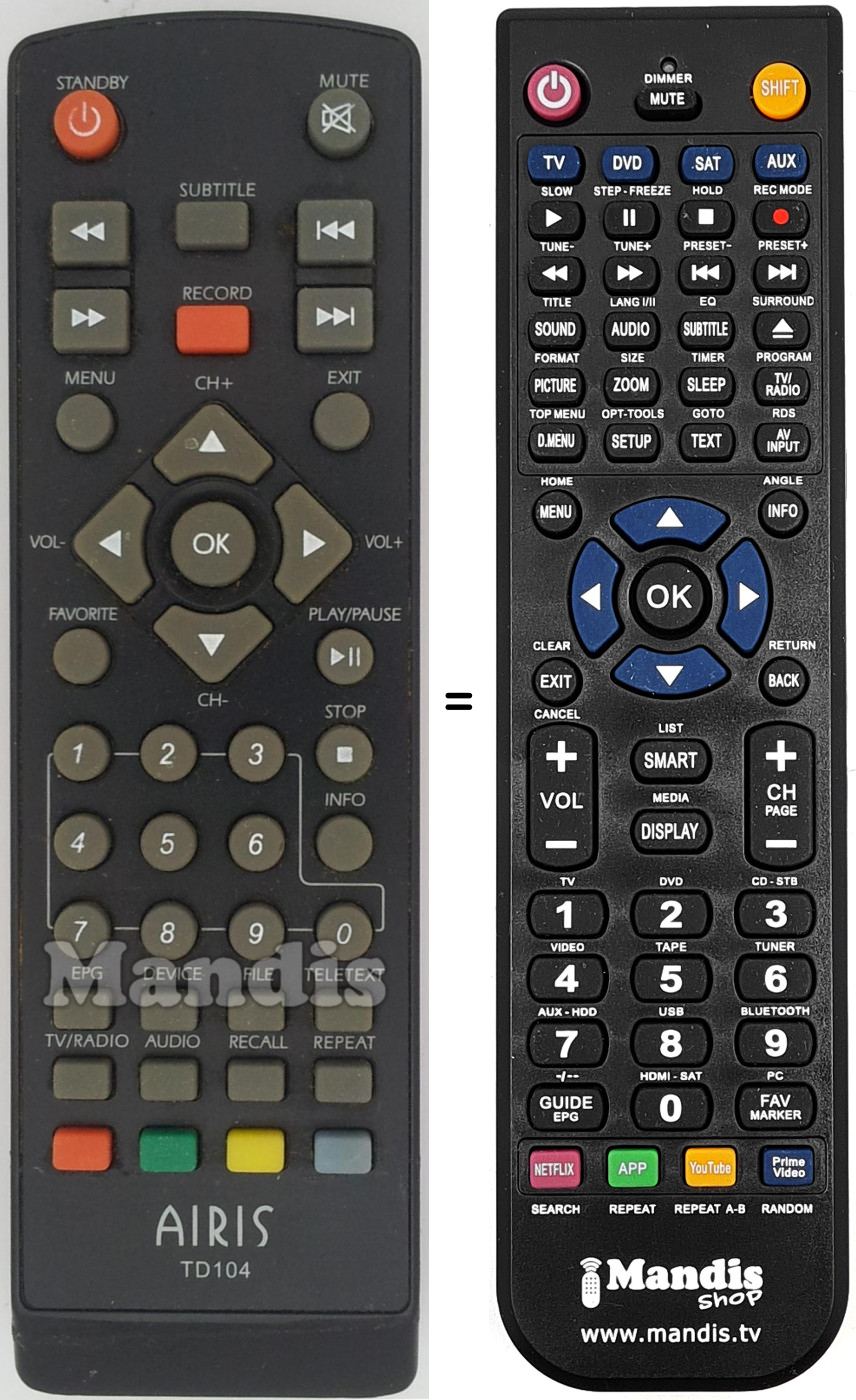 Gleichwertige Fernbedienung Airis TD104